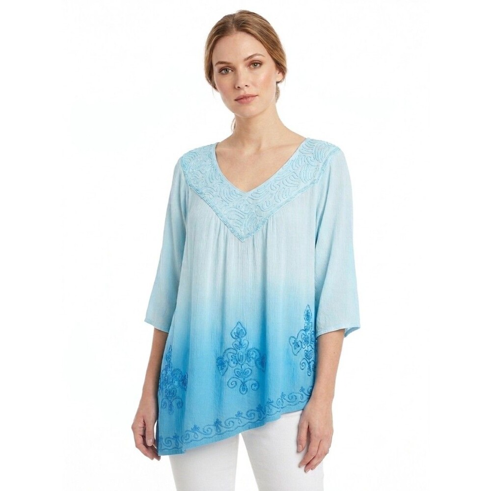 The Paragon Women Peasant Top OS Blue Ombre Gauzy Embroidered Pullover Hippie